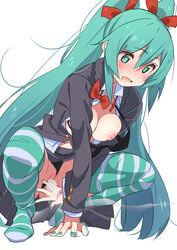 1boy aqua_eyes aqua_hair aqua_nails blazer bow bowtie breasts censored eyebrows_visible_through_hair female hair_between_eyes hair_ribbon hatsune_miku heart heart-shaped_pupils jacket long_hair medium_breasts nail_polish nipples no_panties open_clothes penis pussy red_neckwear red_ribbon ribbon shirt solo solo_focus squatting straight striped striped_legwear sweat symbol-shaped_pupils thighhighs tshangen131 vocaloid white_shirt