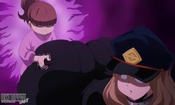 :o angry ass big_butt black_clothing breasts camie_utsushimi clothed edit enormous_ass favorite gigantic_ass hat hero_outfit_(mha) huge_ass looking_at_another looking_back massive_ass massive_thighs menacing my_hero_academia okioppai pinch pinching purple_background school_uniform shiketsu_high_school_cap size_difference thick_thighs