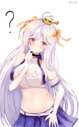 azur_lane baby_face beltskirt bird cheerleader cheerleader_uniform cygnet_(azur_lane) large_breasts purple_skirt red_eyes skirt stomach white_gloves white_hair