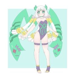 blush dragon dragon_girl dragon_marked_for_death dragon_wings embarrassed flat_chest green_eyes hair_tubes horns inti_creates long_hair monster_girl moto_moto_(artist) oracle_(dmfd) petite pettanko small_breasts swimsuit very_long_hair white_hair wings