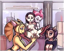 1boy 4girls alien alien_girl angela_cross_(ratchet_and_clank) animal_ears animal_humanoid anthro anticipation apartment areola areolae aroused bandana big_breasts black_hair blue_eyes breasts brown_fur cazar_(ratchet_and_clank) choker clothes come_hither comic couch curvaceous curvy curvy_figure dark_nipples ear elbow_gloves eyeshadow feline feline_humanoid female fishnet_clothing fishnet_shirt fivesome furry group_sex hair hairband hand_on_breast harem hips hourglass_figure humanoid interspecies inviting large_breasts leggings legs_apart licking_lips light-skinned_female light_skin lingerie lips lipstick lombax long_hair looking_at_another looking_at_partner looking_at_viewer looking_pleasured luraiokun lying makeup markazian_(ratchet_and_clank) medium_breasts medium_hair midriff mostly_nude multiple_girls narrowed_eyes nipples nude nude_female orgy pink_hair pink_nipples pleasure_face pointy_ears ponytail pov presenting presenting_pussy purple_hair pussy ratchet_and_clank sasha_phyronix_(ratchet_and_clank) sci-fi science_fiction sitting skimpy sleeves small_breasts smile smiling sony_corporation sony_interactive_entertainment source_request spread_legs spread_pussy standing stirrup_legwear stockings striped_fur stripes tail talwyn_apogee_(ratchet_and_clank) thighhighs toeless_legwear vagina vendra_prog_(ratchet_and_clank) watching wide_hips window year_request yellow_eyes yellow_fur