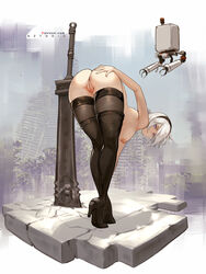 1girls anus artist_name ass azto_dio bent_over black_footwear black_legwear blindfold blue_eyes boots breasts censored facing_viewer female hairband hand_on_own_ass high_heel_boots high_heels highres mole mole_under_mouth mosaic_censoring naked_footwear naked_heels naked_stockings naked_thighhighs nier nier:_automata nipples nude parted_lips pod_(nier) pussy ruins short_hair silver_hair solo sword thigh_boots thighhighs thighhighs_under_boots tiptoes weapon yorha_2b