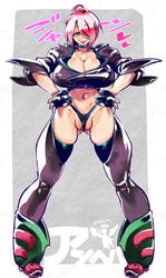 angel_(kof) big_breasts boots bra breasts chaps collar female female_only fingerless_gloves gloves jacket kemonono king_of_fighters leather_jacket small_panties snk strapless_bra tongue tongue_out white_hair