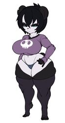 anthro big_breasts black_fur black_nose blue_eyes breasts clothing female fingers frown fur furrchan goth hair hand_on_hip hi_res huge_breasts kim_(furrchan) legwear looking_at_viewer midriff multicolored_fur navel panda shirt short_hair solo standing thick_thighs thigh_highs thong toes underwear ursid white_background white_fur wide_hips