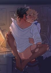 bite bite_mark bite_marks blood gay gay_anal gay_sex izuku_midoriya katsuki_bakugou male male_only my_hero_academia on_desk ripped_clothing ripped_pantyhose ripped_stockings spacenipnops yaoi