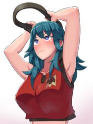 1girls alternate_breast_size alternate_outfit armpits arms_up belly big_breasts blue_eyes blue_hair blush boris_(noborhys) byleth_(fire_emblem) byleth_(fire_emblem)_(female) clothing crossover electronics female female_only fire_emblem fire_emblem:_three_houses game_controller holding joy-con long_hair looking_away looking_up midriff navel nintendo nipples pilates_ring png ring_fit_adventure ringcon_controller solo sweat