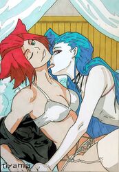 2girls bed bedroom bleach blue_hair braided_ponytail cat_ears crossover female_only green_eyes haineko jinx_(league_of_legends) league_of_legends licking licking_neck lingerie long_hair looking_at_viewer multiple_girls pale_skin red_eyes red_hair short_hair smile tanned tiyama undressing yuri