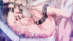 arm_cuffs bed bondage breasts brown_hair bukkake cuffs cum_in_pussy cum_inside cum_on_body cum_overflow drooling excessive_cum female femsub gangbang ijuuin_maya lune male maledom meikoku_gakuen_taidou_hen naked nude open_mouth pink_eyes saliva sex straight thick_thighs thigh_cuffs wrist_cuffs