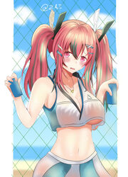 1girls azur_lane bremerton_(azur_lane) bremerton_(scorching-hot_training)_(azur_lane) female green_hair huge_breasts large_breasts pink_eyes pink_hair see-through_clothing solo stomach tennis_uniform underboob zai_(artist)