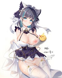 after_paizuri animal_ears aqua_eyes aqua_hair azur_lane black_hair blush breasts cheshire_(azur_lane) cleavage closed_mouth cum cum_bridge cum_on_body cum_on_breasts cum_on_upper_body detached_sleeves dress earrings eyebrows_visible_through_hair female garter_straps highres jewelry kh3 large_breasts lifted_by_self looking_at_viewer maid maid_headdress manjuu_(azur_lane) multicolored_hair nipples no_panties puffy_sleeves purple_apron ribbon simple_background sitting streaked_hair thighhighs white_background white_dress white_legwear wrist_cuffs