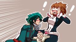 ! 1boy 1futa 2020 blush brown_eyes brown_hair clothed clothing cute embarrassed exclamation futanari gloves green_eyes green_hair handjob happy happy_sex hero_outfit_(mha) imminent_oral imminent_sex izuku_midoriya male_on_futa my_hero_academia ochako_uraraka open_mouth painted_nails pink_nails shocked short_hair smile surprised white_skin wolf_glade