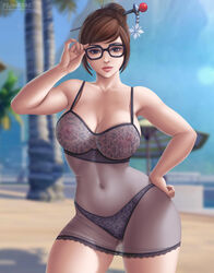 1girls babydoll babydoll_lingerie big_breasts brown_hair eyewear female female_only flowerxl glasses hairbun lingerie long_hair mei_(overwatch) nightie overwatch see-through_lingerie solo solo_female solo_focus wide_hips