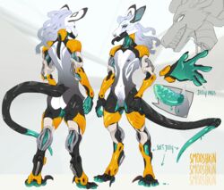 anthro cybernetics cyborg digital_media_(artwork) fur genitals hair machine male model_sheet nipples nude open_mouth pawpads paws robotic_arm smooshkin solo teeth tongue tongue_out