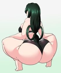 1girls alternate_breast_size alternate_outfit ass big_ass big_breasts black_bra black_panties chubby dat_ass fat_ass green_hair highres huge_ass large_ass long_hair my_hero_academia okioppai pale_skin solo source_request squatting text thick_ass thick_thighs tight_clothing tsuyu_asui voluptuous wide_hips