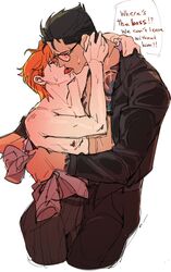 2boys alternative_universe french_kiss glasses jojo's_bizarre_adventure jotaro_kujo kissing male/male male_only noriaki_kakyoin pino saliva_drip stardust_crusaders tagme tongue_kiss topless undressing