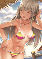 1girls adjusting_hair alessandra_susu beach belly bikini bikini_bottom bikini_top blonde_hair closed_eyes collarbone dark-skinned_female dark_skin earrings female fence hand_behind_head long_hair midriff one_eye_closed parfaitlate posing showing_tongue side-tie_panties solo solo_female striped_bikini tan tan_skin tanline tanlines tanned_skin tokyo_7th_sisters tongue_out wooden_fence