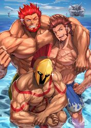 1other 4boys bara character_in_background fate_(series) helmet hijiki_daixt iskandar/napoleon iskandar_(fate) ivan_the_terrible_(fate) leonidas_(fate) looking_at_viewer male_only muscular muscular_male napoleon_bonaparte_(fate) partially_submerged partially_submerged_legs smile smiling smiling_at_viewer swim_trunks swimsuit tattoo tattoos water