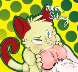 2boys blue_eyes blush cheek_bulge cum cum_in_mouth fellatio furry hands_on_penis highres knot knotted_penis large_penis multiple_boys oral original overflowing penis saliva sex simple_background subway_(franchise) sucking yaoi yellow_fur