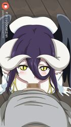 albedo_(overlord) animated animated_gif blowjob blushing censored demon_girl fellatio gif gloves horns long_hair looking_at_viewer ocarinaotw overlord_(maruyama) pov purple_hair succubus wings yellow_eyes