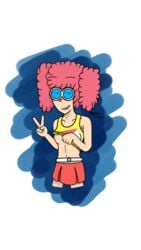 breast_outside clothing female flashing glasses human jamie_t mario_(series) nintendo peace_sign pink_hair red_skirt wario_(series) warioware warioware:_touched! white_belt yellow_tank_top