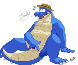 alligator alligatorid animal_genitalia animal_humanoid anthro anus blue_body blue_scales cloaca cloacal cloacal_fingering clothing crocodilian fingering genitals hat headgear headwear hi_res humanoid link's_awakening male male_only nintendo reptile reptile_humanoid sale_(zelda) scales scalie scalie_humanoid sitting slit slit_fingering slit_penetration slit_play solo speech_bubble strawberry_saal text the_legend_of_zelda thick_tail video_games