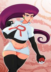 1girls alternate_breast_size big_breasts blue_eyes blush boots breasts chubby female female_only gloves hips holding_poke_ball huge_breasts jessie_(pokemon) large_breasts lipstick long_hair midriff miniskirt nintendo pokeball pokemon pokemon_lgpe pokemon_rgby purple_hair solo solo_female tagme team_rocket thick thick_thighs thigh_boots thighs tight_clothing vale-city voluptuous wide_hips