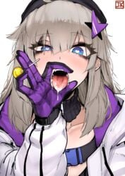 1girls aa-12_(girls'_frontline) blue_eyes fellatio_gesture girls'_frontline gloves gray_hair heart-shaped_pupils j.k. jacket lollipop looking_at_viewer saliva seductive short_hair suggestive tongue_out