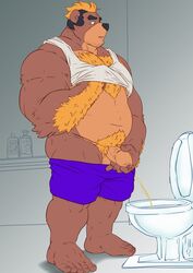 1boy 2020 5_fingers 5_toes absurd_res anthro arm_hair bathroom black_hair black_nose blonde_hair bodily_fluids body_hair bottomwear brown_body brown_fur chest_hair clothed clothing dad_bod dadbod extracurricular_activities eyebrows feet fingers fur furry furry_only genital_fluids genitals hair happy_trail harold_grifter hi_res holding_penis humanoid_feet humanoid_hands male male_only markwulfgar multicolored_hair musclegut muscular muscular_male overweight overweight_male partially_clothed peeing penis plantigrade pubes shirt shorts shorts_down solo standing stubble tank_top thick_eyebrows toes topwear two_tone_hair uncut urine