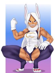 1girls abs brown_eyes bunny_ears bunny_tail clothing dark-skinned_female dark_skin exposed_pussy female female_only gloves hair hero_outfit_(mha) leotard leotard_aside long_hair miruko muscles muscular muscular_female my_hero_academia open_mouth pussy rabbit_ears rabbit_tail rumi_usagiyama scorchingnova solo solo_female thighhighs vagina white_gloves white_hair