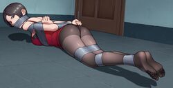 1girls ada_wong ada_wong_(adriana) angry arms_behind_back ass black_hair bondage capcom feet gag gbeeee looking_back lying_down lying_on_stomach panties pantyhose resident_evil resident_evil_2 resident_evil_2_remake tape_gag thighs toes underwear