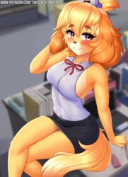 1girls animal_crossing anthro big_breasts black_skirt blush breasts brown_eyes business_suit canine clothed clothing crossed_legs dog_girl dog_tags dog_tail domestic_dog female female_only furry isabelle_(animal_crossing) legs looking_at_viewer mammal miniskirt nintendo office office_lady pencil_skirt secretary sideboob sitting skirt skirt_suit smile solo thighs tight_skirt twistedscarlett60 white_shirt