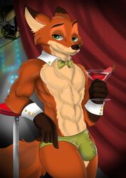 abs anthro biceps bulge canid canine checkhoff chest_tuft disney fox hi_res male male_only mammal martini_glass muscular muscular_male nick_wilde shirt_cuffs solo topless tuft underwear zootopia