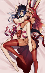 2girls au_ra blush breasts dark-skinned_female dark_skin edo_sama female_only final_fantasy final_fantasy_xiv flower_in_hair garter_belt happy horns lingerie multiple_girls pussy red_stockings ribbon scales stockings viera xaela ysildea yuri