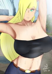 1girls 2022 alternate_costume alternate_eye_color armpits arms_up belt big_breasts boruto:_naruto_next_generations breasts cleavage crop_top eyelashes female female_only fully_clothed hair_over_one_eye huge_breasts ino_yamanaka midriff milf naruto naruto_(series) ponytail revealing_clothes rizkirafu skirt solo solo_focus strapless sweat tied_hair tubetop very_long_hair