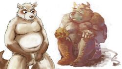 16:9 2009 anthro balls belly blush bovid bovine brown_body brown_fur canid canine cattle censored duo fur furry genitals kemono male male_only mammal motogen overweight overweight_male penis poisonkinoko raccoon_dog simple_background sitting tanuki white_background widescreen