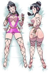 1girls areolae_slip ass black_hair blue_nail_polish blue_nails bracelets breasts bridal_gauntlet chichi choker_writing cleavage collar condom condom_belt dakimakura dakimakura_design dragon_ball dress feet fishnet_armwear fishnet_gauntlet fishnet_legwear fishnet_stockings fishnet_thighhighs fishnets front_and_back full_body g-string hairbun jewelry large_breasts lying milf nipples nude on_back on_stomach panties pink_panties pussy revealing_clothes sideboob skimpy skimpy_clothes skimpy_dress solo spread_ass tekuho thighhighs thong used_condom vagina waist_chain whale_tail