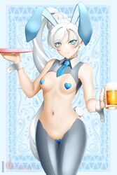 1girls beer blue_eyes blue_heart_pasties blue_pasties breasts bunny_ears bunny_girl bunnysuit cleavage female female_only human kimmy77 pasties reverse_bunnysuit rwby scar smiling tagme weiss_schnee white_hair