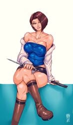 1girls black_skirt blue_eyes boots breasts brown_hair capcom cleavage crossed_legs curvy erect_nipples faymantra female female_only firearm footwear gun handgun huge_breasts human jill_valentine jill_valentine_(julia_voth) knife nipple_bulge nipples nipples_visible_through_clothing outerwear pale_skin panties pantsu pistol resident_evil resident_evil_3 short_hair sitting skirt solo solo_female solo_focus tubetop upskirt weapon wide_hips