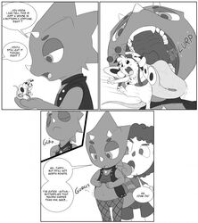 2020 ambiguous_gender ambiguous_prey animal_crossing anthro anthro_pred collar comic dialogue digestion english_text fangs feral feral_prey flick_(animal_crossing) group hi_res macro male male/ambiguous male_pred mammal micro midriff monochrome mouse mouth_shot murid murine navel neck_bulge nintendo oral_vore rodent rumbling_stomach scalie sparky_the_chu text tongue video_games villager_(animal_crossing) vore