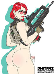 1futa ass assault_rifle bottomless casual dickgirl dmitrys erection eyewear famas firearm futa_only futanari glasses gloves gun human intersex joelle_(jjfrenchie) pale_skin penis precum red_hair rifle short_hair solo solo_futa standing vest weapon