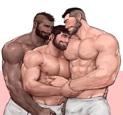 3boys bara blush chest_hair daddy dopq erect_nipples hairy_chest male male_nipples male_only manly muscle_slut muscled muscles muscular muscular_male partially_clothed size_difference yy6242