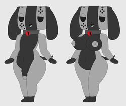 animate_inanimate anthro big_breasts breasts canid collar duo female floppy_ears genitals half-closed_eyes looking_at_viewer male mammal narrowed_eyes nintendo nintendo_switch nipples nude open_mouth penis pussy shortstack simple_background smile standing switch_dog thick_thighs tongue toonfan0 video_games white_background wide_hips