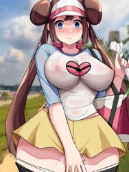 1girls 2020 :3 absurdres alternate_breast_size areolae bag bike_shorts blue_eyes blurry_background blush breasts brown_hair covering curvy double_bun embarrassed erect_nipples eye_contact female female_only hair_between_eyes highres huge_breasts human human_only long_hair looking_at_viewer nintendo nipple_bulge nipples nipples_visible_through_clothing outdoors padol pantyhose pantyhose_pull photo_background pokemon pokemon_bw2 rosa_(pokemon) see-through see-through_clothing see-through_top shirt skirt solo sweat tagme thick_thighs thighs torn_bike_shorts twintails very_long_hair visor_cap wet wet_clothes wet_shirt wide_hips zettai_ryouiki