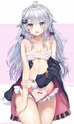 :d absurdres ahoge blue_eyes bow braid breasts cameltoe collarbone female frilled_panties frills hairbow highres indie_virtual_youtuber kagura_nana lanyingchengzhi long_hair looking_at_viewer nanakagu_karatou_ch off-shoulder_shirt off_shoulder open_mouth panties sarashi shirt small_breasts smile solo underwear very_long_hair virtual_youtuber white_panties