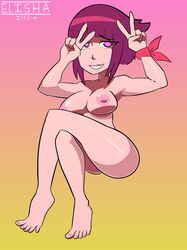 big_breasts crossed_legs double_v elisha grin keri_(speedosausage) mv_character nervous_smile peace_sign pink_eyes purple_eyes purple_hair snail's_house tagme v