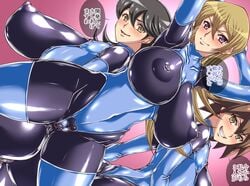 3girls alexis_rhodes ass asuka_tenjoin big_breasts black_hair black_suit blonde_hair blue_latex blush brown_hair elbow_gloves erect_nipples erection_under_clothes female female_only gloves hajime_shindo jasmine_(yu-gi-oh!) junko_makurada konami latex latex_bodysuit latex_gloves latex_legwear latex_stockings latex_suit latex_thighhighs long_gloves long_hair mindy_(yu-gi-oh!) momoe_hamaguchi multiple_girls nipples nipples_visible_through_clothing shonen_jump short_hair shounen_jump shueisha tenjouin_asuka translation_request weekly_shonen_jump weekly_shounen_jump yu-gi-oh! yu-gi-oh!_gx yuu-gi-ou yuu-gi-ou_gx