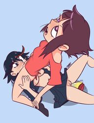 2girls ahe_gao big_breasts blue_background bottomless crossover cunnilingus eyes_rolling_back facesitting joshin keri_(speedosausage) kill_la_kill matoi_ryuuko multiple_girls mv_character no_panties p33ls pink_eyes purple_eyes purple_hair pussy pussy_juice skirt snail's_house underboob vaginal_insertion vaginal_juices vaginal_penetration yuri