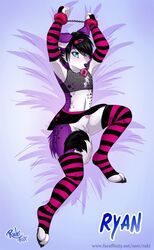 1boy black_hair blue_eyes canine condom crop_top emo femboy fishnet_top furry fuzzy_handcuffs girly hairclip handcuffs laying_down laying_on_bed looking_at_viewer penis rukifox ryan_(huskyryan) skirt stars stockings striped_legwear tail url