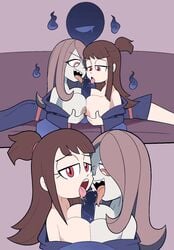 1boy 2girls akko_kagari atsuko_kagari big_breasts breast_grab breasts brown_hair double_paizuri fellatio female kagari_atsuko licking little_witch_academia long_hair looking_at_viewer miscon nipples outercourse paizufella paizuri penis pimp purple_hair red_eyes sex sucy_manbavaran tagme teamwork