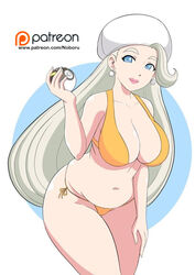 1girls alternate_breast_size alternate_outfit belly big_breasts bikini blue_background blue_eyes cleavage earrings eye_contact female female_only hat holding huge_ass huge_breasts human long_hair looking_at_viewer mature_female melony_(pokemon) midriff milf mother navel nintendo noboru_revista patreon poke_ball pokemon pokemon_ss pose smile solo source_request text thick_thighs ultra_ball url watermark white_border white_hair wide_hips